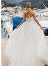 Strapless Sweetheart Neck Ivory Lace Tulle Pearls Wedding Dress
